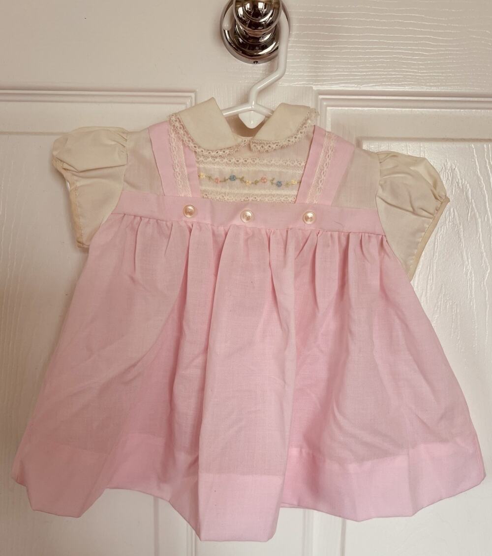 Vintage 80’s Pink Hand Smocked Rosette Dress Faux Pinafore Handmade Baby 6-9 Mth